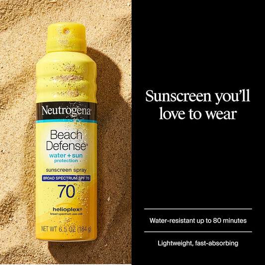Neutrogena Beach Defense Sunscreen Spray SPF 70 Broad Spectrum UVA UVB Protection Lightweight Water Resistant up to 80 Minutes Beach-Strength Sun Protection for Whole Family, 6.5 oz