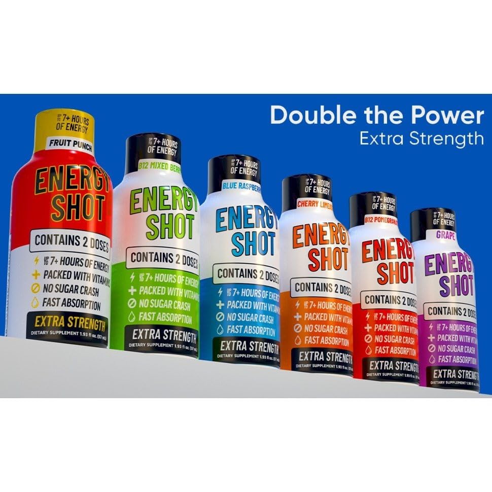 Fruit Punch Extra Strength Energy Shot 48 pk – 260mg Natural Caffeine B12 B6 – Energy & Focus Support – 2 Servings Sugar Free Zero Calorie Green Tea B-Vitamins Electrolytes Vegan – 1.93 fl oz