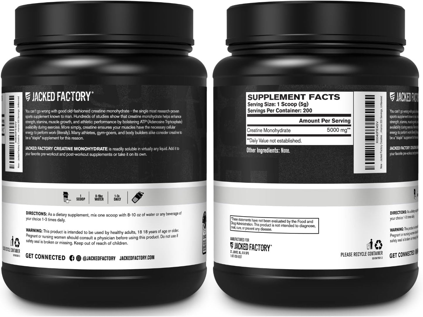 Jacked Factory Creatine Monohydrate Powder 1000g - 5g Daily Creatine Supplement for Men and Women, Vegan-Friendly, Third-Party Tested - 200 Servings, Unflavored