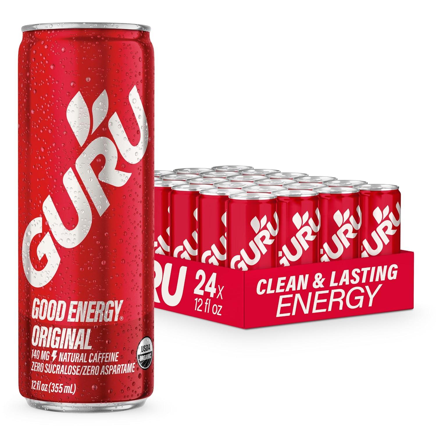 GURU Energy Drink Original, Organic Sparkling Energy DrinK, 140 MG Natural Caffeine for Workouts, Performance & Midday Boost, Plant Based, Gluten Free, Vegan, 12 Fl Oz, 24 Pack