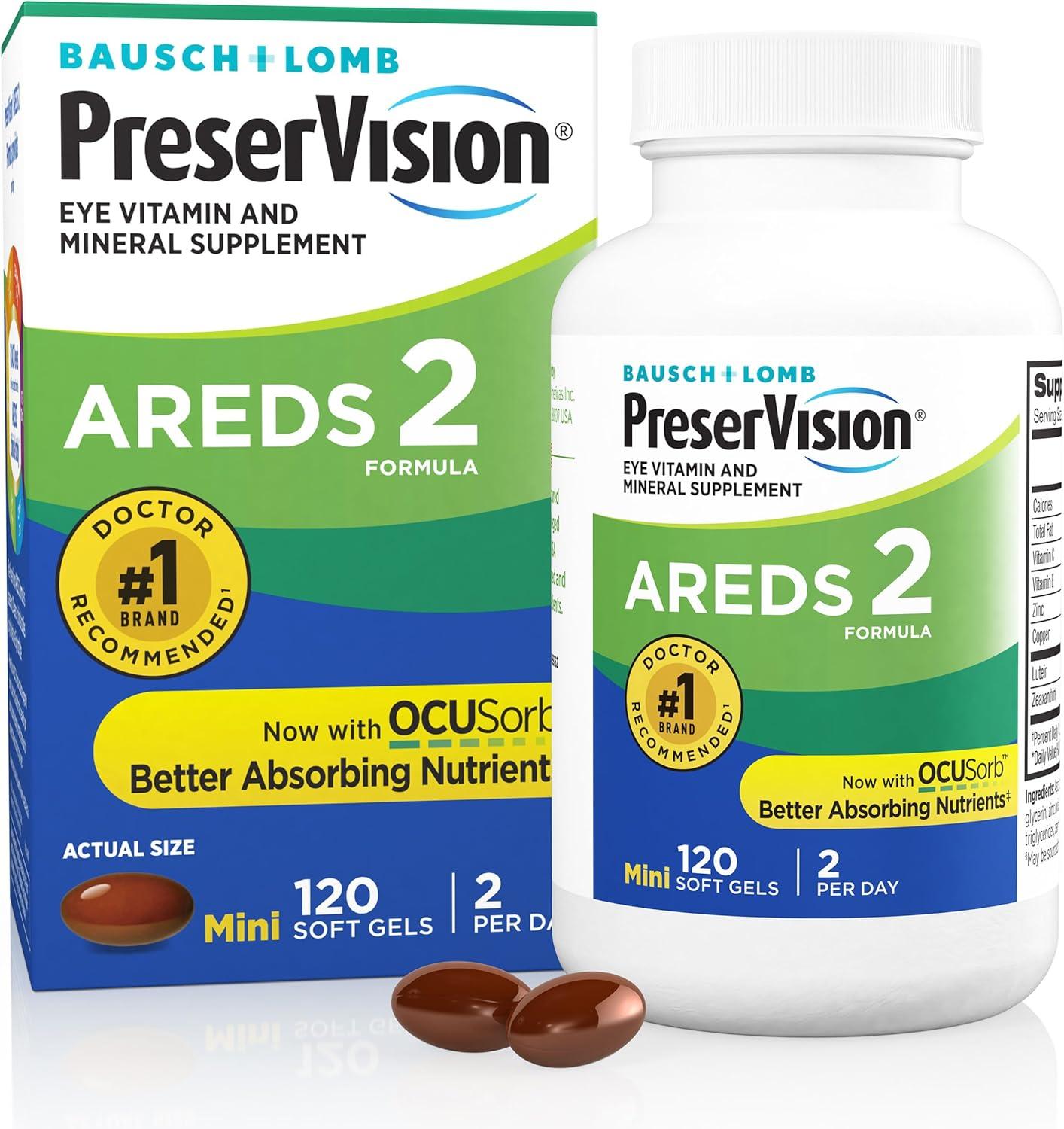 PreserVision AREDS 2 Eye Vitamins, #1 Eye Doctor Recommended Brand, Lutein and Zeaxanthin Supplement with Vitamin C, Vitamin E, Zinc, and Copper, 120 Softgels (Minigels)