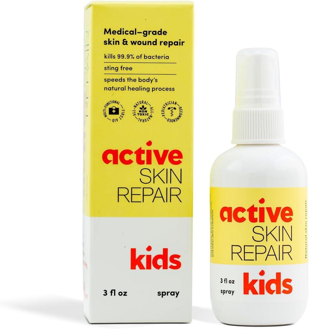 Active Skin Repair Kids First Aid Spray - Non-Toxic & Natural Kids Antiseptic Formula for Minor Cuts, Wounds, Scrapes, Rashes, Sunburns, and Other Skin Irritations (3oz Spray)