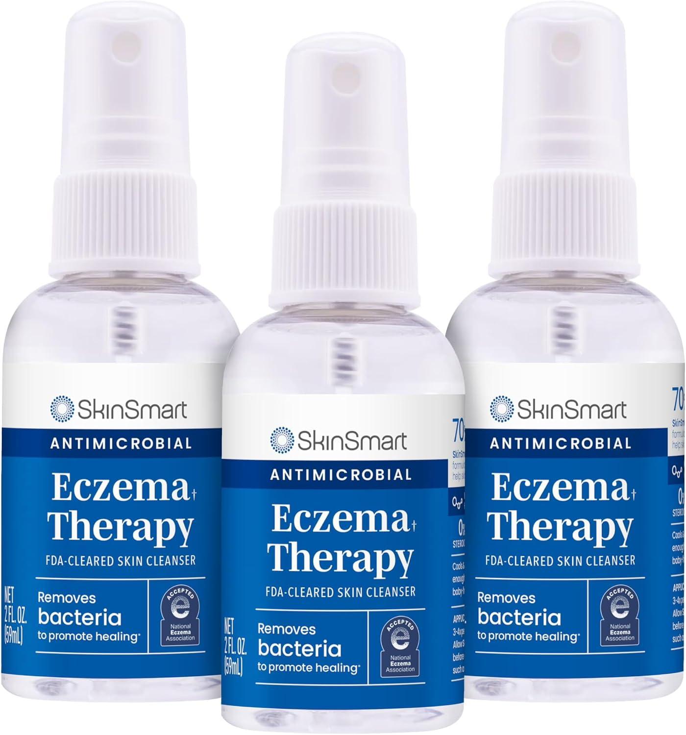 SkinSmart Antimicrobial Eczema Therapy with Hypochlorous Acid, Safely Removes Bacteria so Skin Can Heal, for Adults, Kids and Seniors, Travel Size 2 Ounce Clear Spray (Pack of 3)
