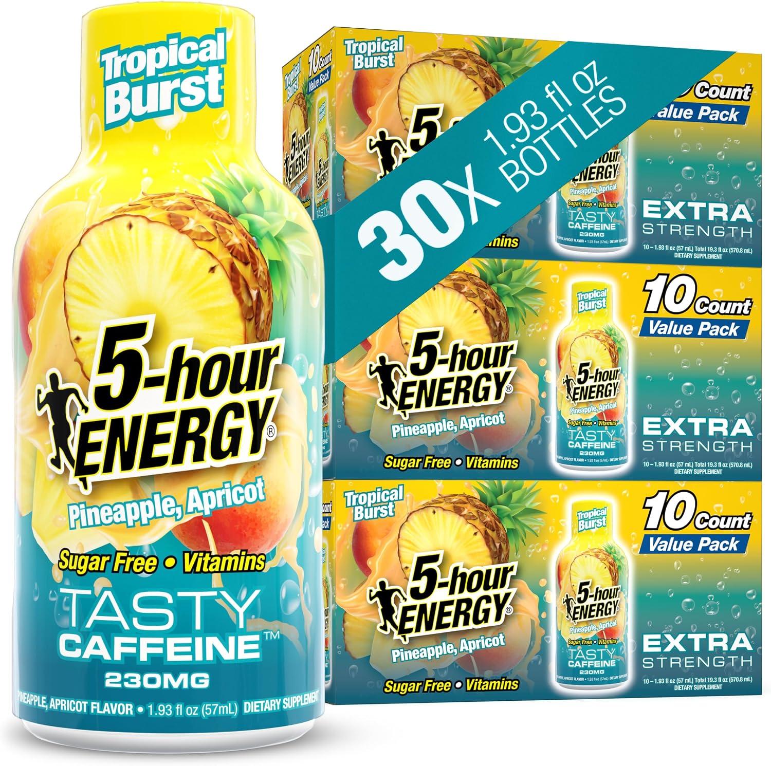 5-hour ENERGY TROPICAL BURST Flavor, 30 Count, 1.93 Fl Oz Energy Shot, Extra Strength, Amino Acids, B Vitamins, Sugar Free and Zero Calories product photo