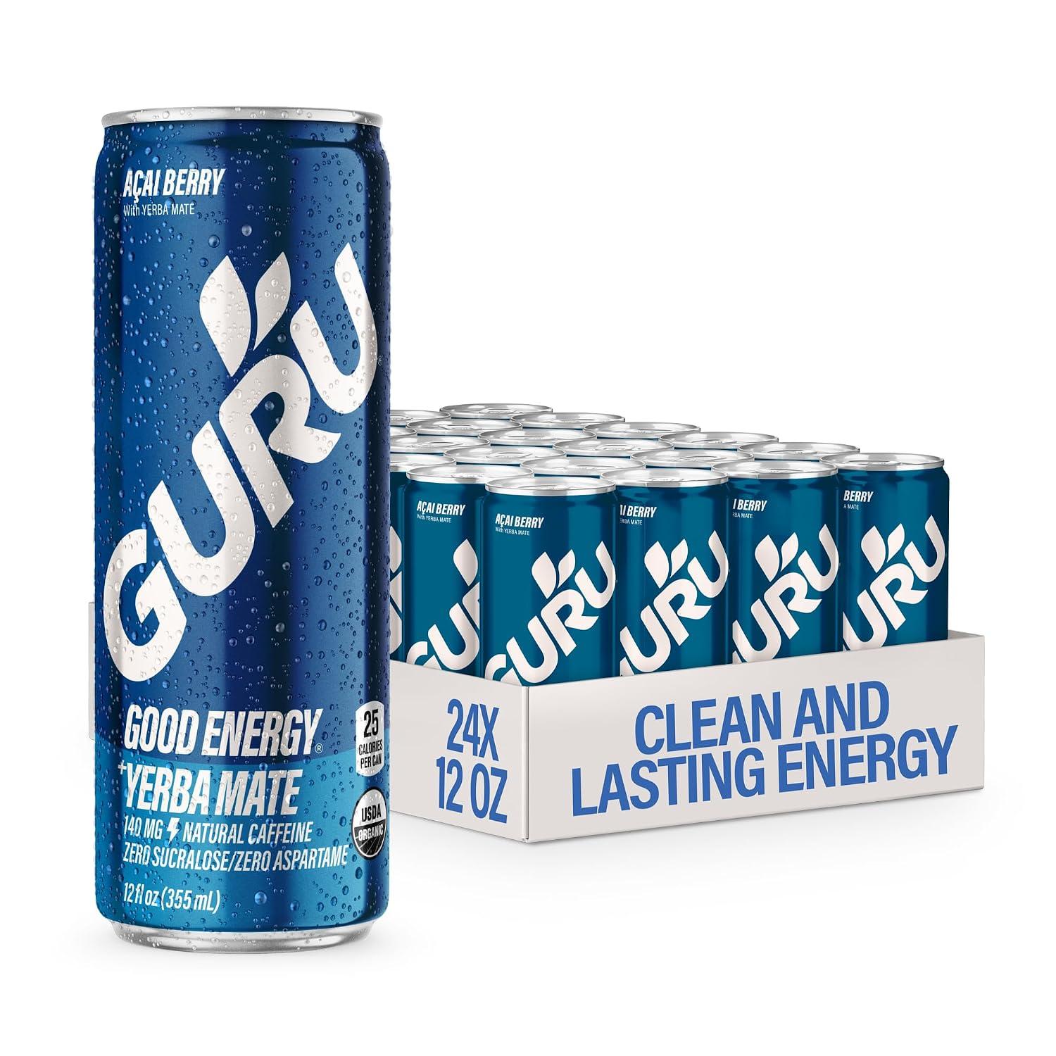 GURU Energy Drink, Organic Sparkling Energy Drink with Yerba Mate & Green Tea, 140 MG Natural Caffeine for Workouts, Performance & Midday Boost, Gluten Free, Vegan, Acai Flavor, 12 Fl Oz, 24 Pack