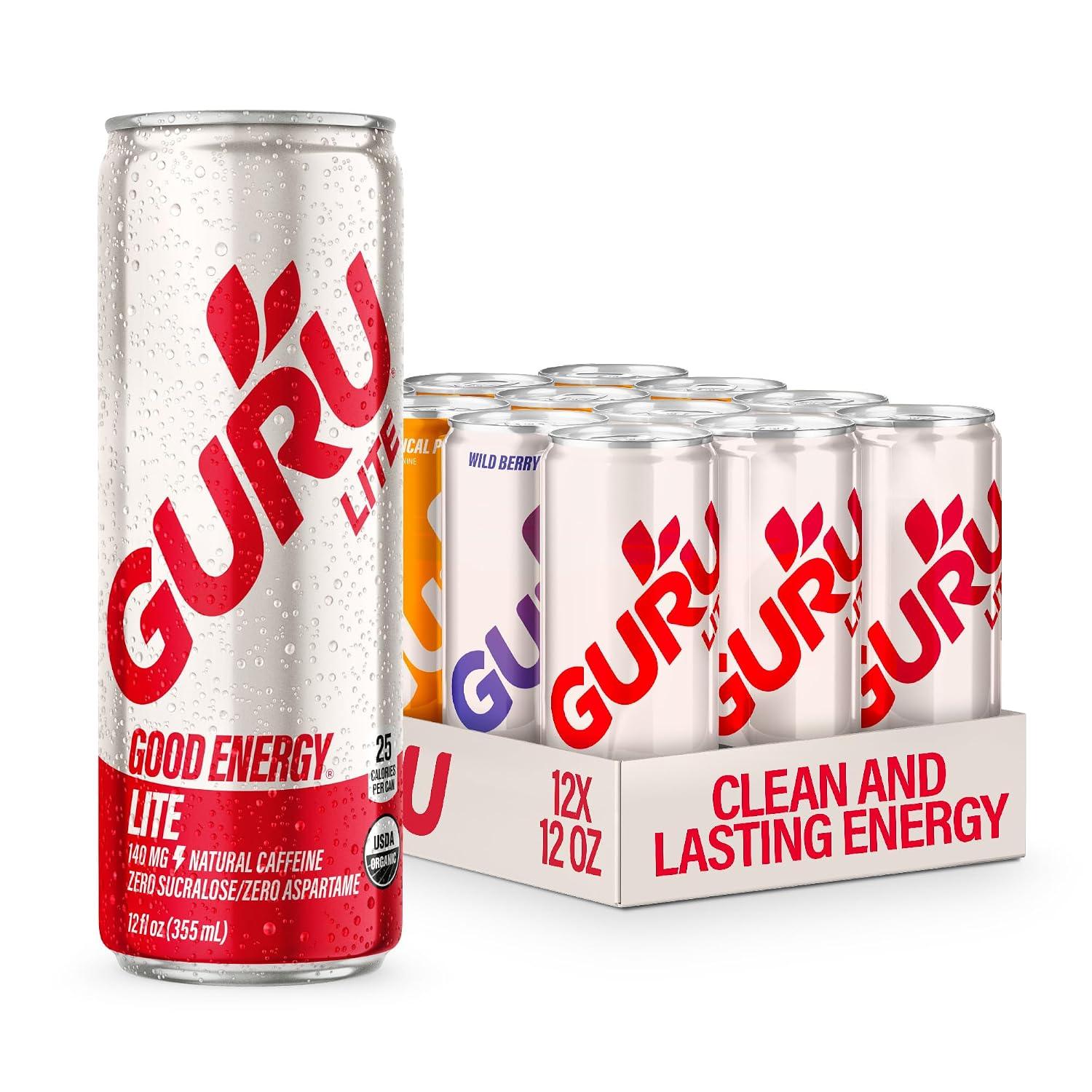 GURU Organic Energy Drinks Variety Pack, Clean Energy Drink with Plant Based Natural Caffeine from Green Tea, Gluten Free and Vegan, 140MG Caffeine, Healthy Drinks, 12 oz, Pack of 12