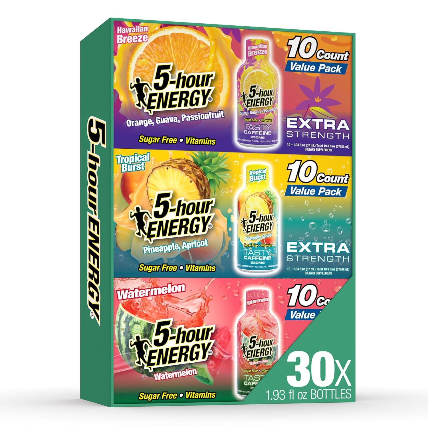 5-hour ENERGY VARIETY PACK Hawaiian Breeze, Tropical Burst & Watermelon Flavors, 30 Count, 1.93 Fl Oz Energy Shot, Extra Strength, Amino Acids, B Vitamins, Sugar Free and Zero Calories product photo