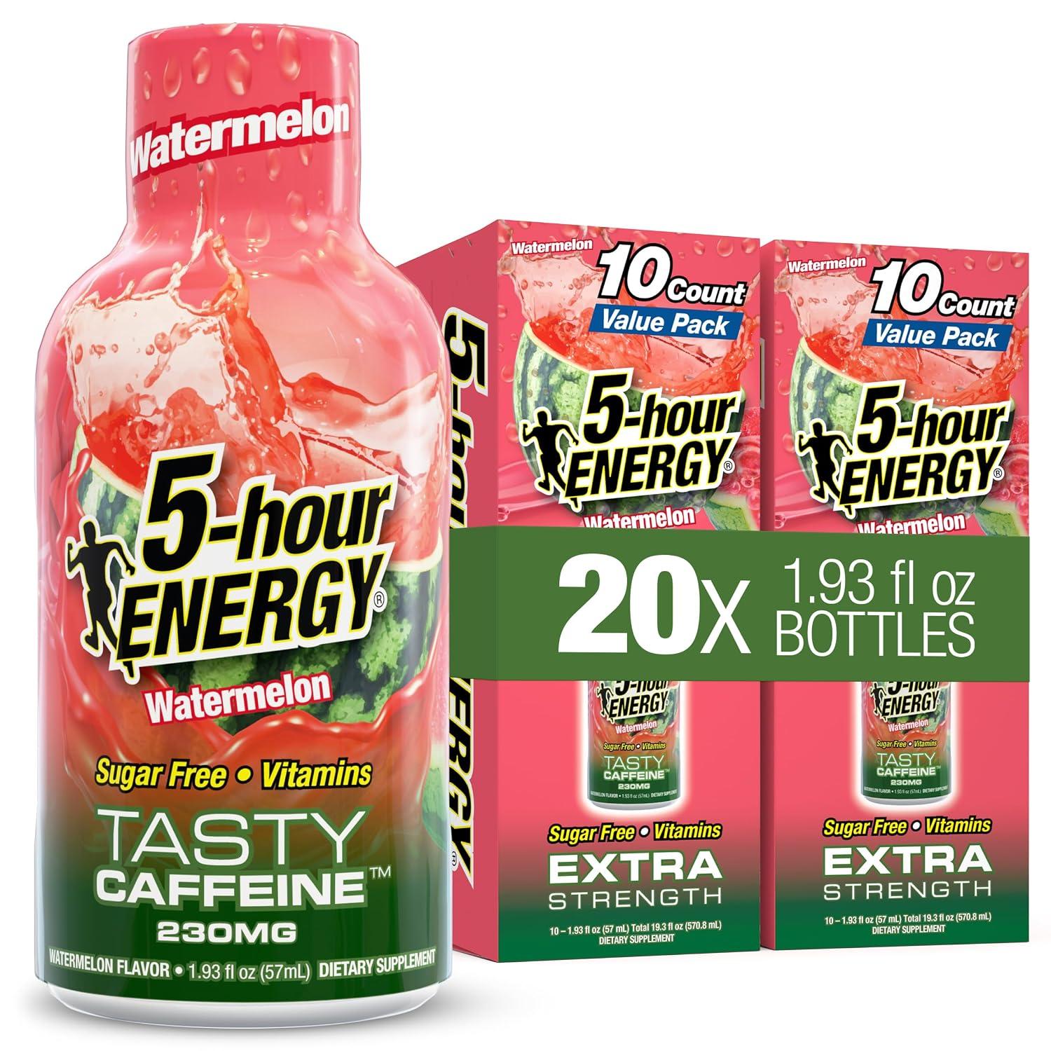 5-hour ENERGY WATERMELON Flavor, 20 Count, 1.93 Fl Oz Energy Shot, Extra Strength, Amino Acids, B Vitamins, Sugar Free and Zero Calories product photo