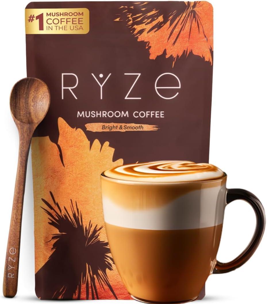 RYZE SUPERFOODS Mushroom Medium Roast Coffee USDA Organic with 6 Adaptogenic Mushrooms for Better Energy, Focus Digestion Immunity with Lions Mane & Turkey Tail 30 Pack of 1 product photo