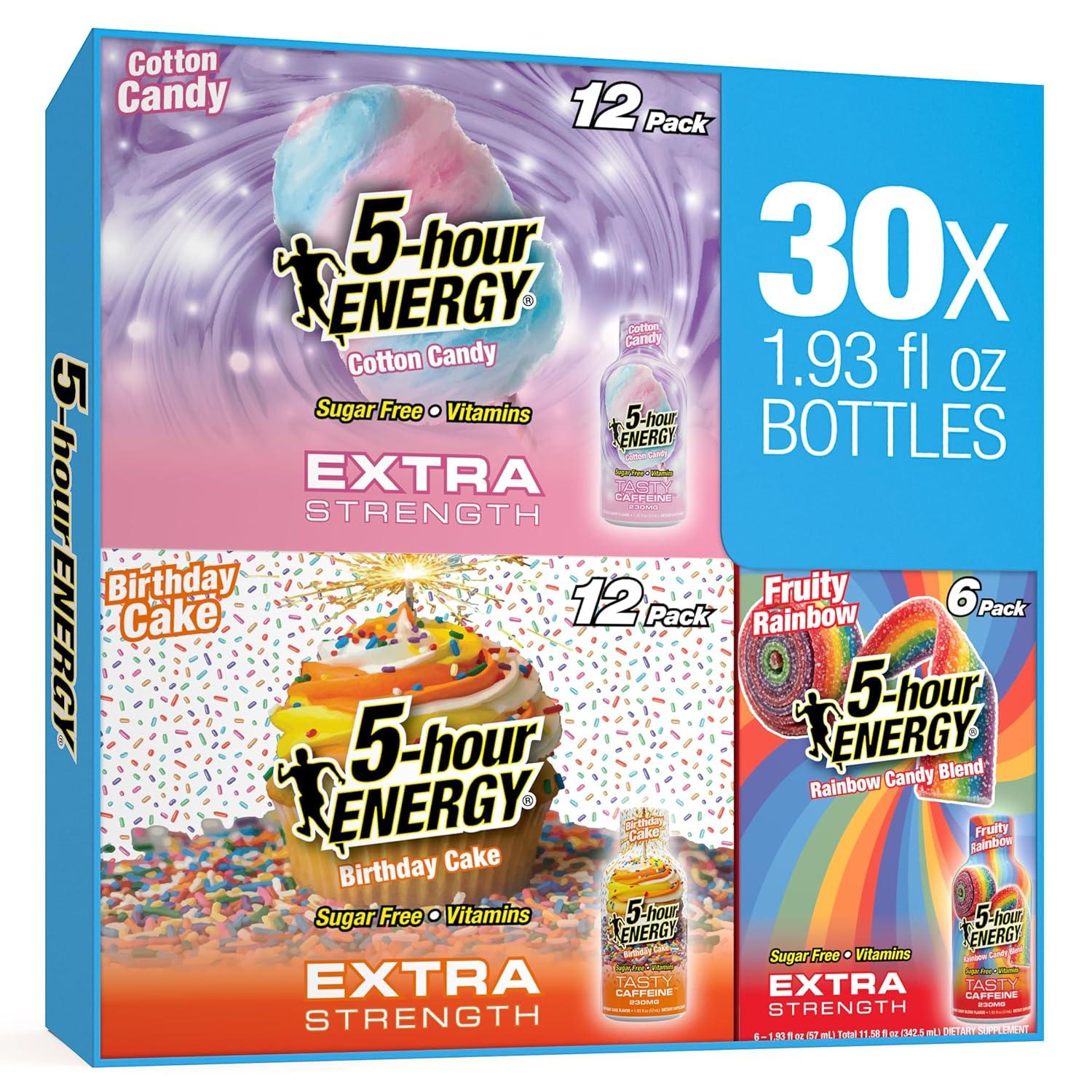 5-hour ENERGY VARIETY PACK Cotton Candy, Birthday Cake & Fruity Rainbow Flavors, 30 Count, 1.93 Fl Oz Energy Shot, Extra Strength, Amino Acids, B Vitamins, Sugar Free and Zero Calories product photo