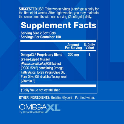 OmegaXL Joint Support Supplement - Natural Muscle Support, Green Lipped Mussel Oil, Soft Gel Pills, Drug-Free, 300 Count