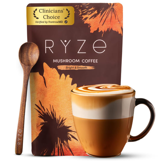 RYZE SUPERFOODS Mushroom Medium Roast Coffee USDA Organic with 6 Adaptogenic Mushrooms for Better Energy, Focus Digestion Immunity with Lions Mane & Turkey Tail 30 Pack of 1