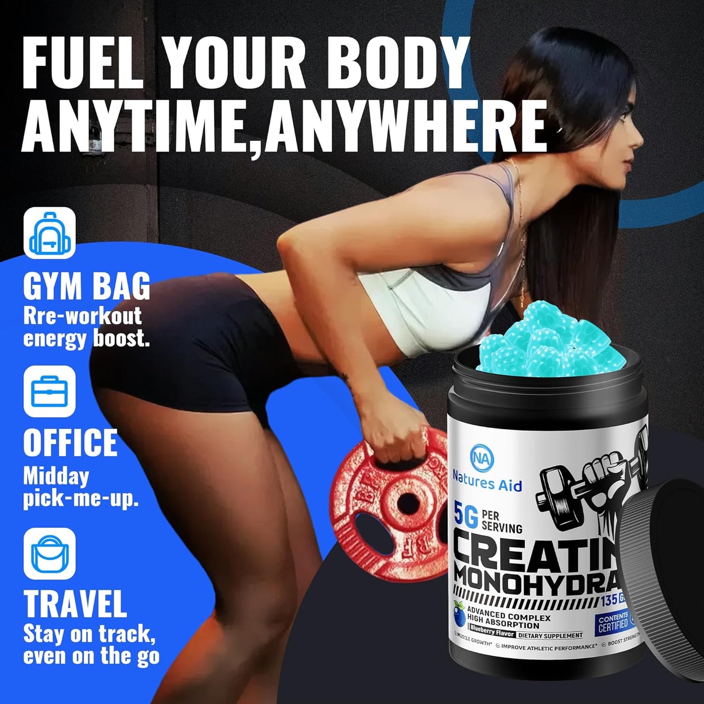 Natures Aid NSF Certified Creatine Gummy 5g - Creatine Monohydrate Gummies – Pre-Workout Energy & Muscle Growth Support for Men & Women | Blueberry Electrolyte Gummies (135 Count)