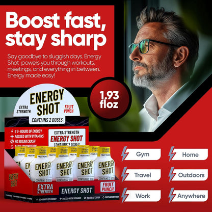 Fruit Punch Extra Strength Energy Shot 48 pk – 260mg Natural Caffeine B12 B6 – Energy & Focus Support – 2 Servings Sugar Free Zero Calorie Green Tea B-Vitamins Electrolytes Vegan – 1.93 fl oz
