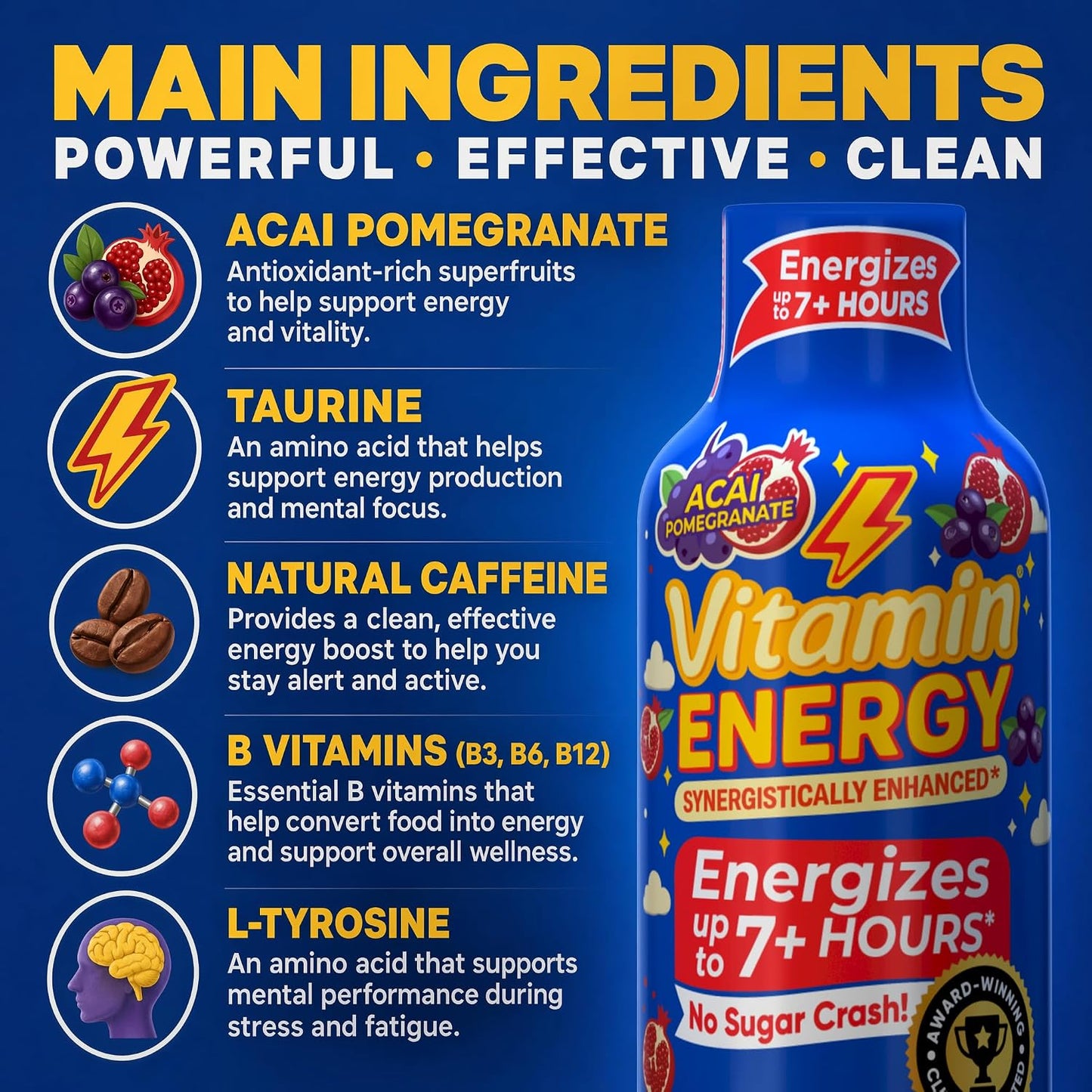 Vitamin Energy Acai Pomegranate Extra Strength Energy Shot, 48 Pack - Up to 7 Hrs, 260mg Natural Caffeine, Zero Sugar - B12 11,000% DV + B6 2,118% DV + Taurine 1,500mg, 1.93 fl oz, Keto Vegan