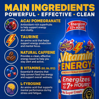 Vitamin Energy Acai Pomegranate Extra Strength Energy Shot, 48 Pack - Up to 7 Hrs, 260mg Natural Caffeine, Zero Sugar - B12 11,000% DV + B6 2,118% DV + Taurine 1,500mg, 1.93 fl oz, Keto Vegan