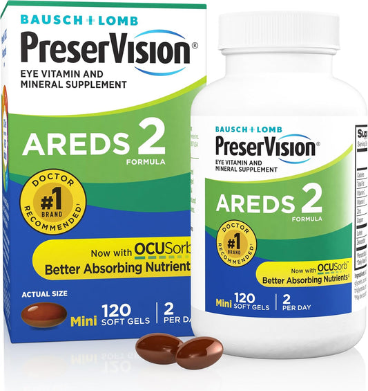PreserVision AREDS 2 Eye Vitamins, #1 Eye Doctor Recommended Brand, Lutein and Zeaxanthin Supplement with Vitamin C, Vitamin E, Zinc, and Copper, 120 Softgels (Minigels)