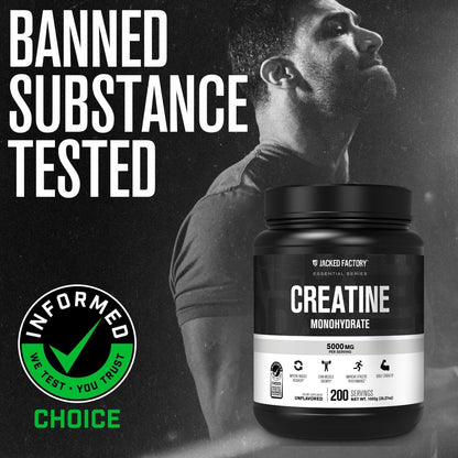 Jacked Factory Creatine Monohydrate Powder 1000g - 5g Daily Creatine Supplement for Men and Women, Vegan-Friendly, Third-Party Tested - 200 Servings, Unflavored