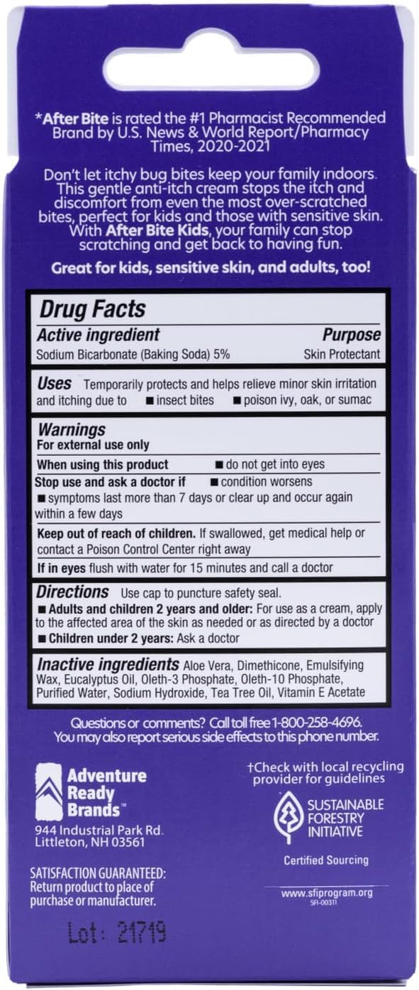 After Bite - Bug Bite Itch Relief for Kids with Sodium Bicarbonate - Ideal for Mosquito Bites, Fire Ant, Bees & More - Portable Cream Formula - 0.7 oz (4 Pack)