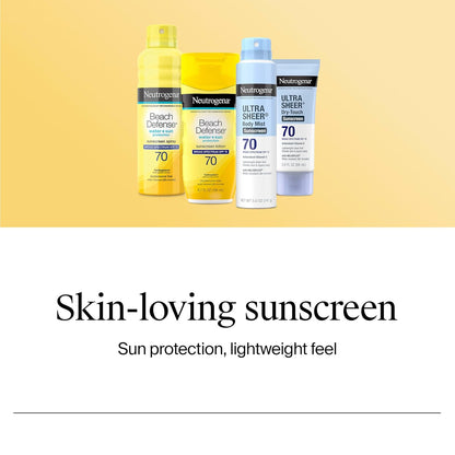 Neutrogena Beach Defense Sunscreen Spray SPF 70 Broad Spectrum UVA UVB Protection Lightweight Water Resistant up to 80 Minutes Beach-Strength Sun Protection for Whole Family, 6.5 oz