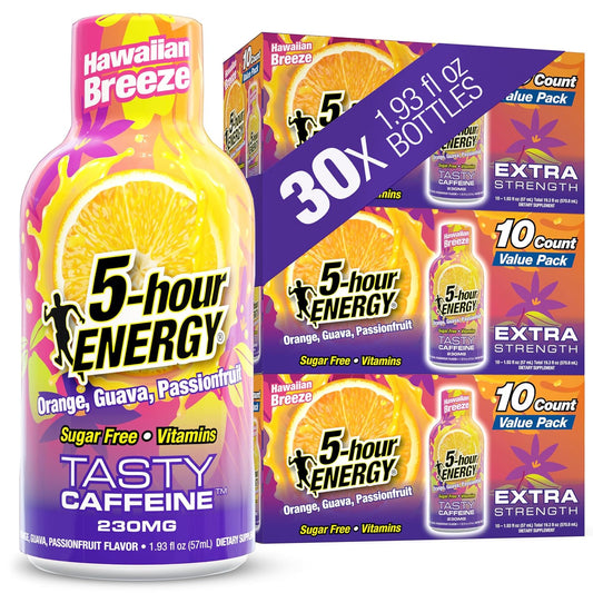 5-hour ENERGY HAWAIIAN BREEZE Flavor, 30 Count, 1.93 Fl Oz Energy Shot, Extra Strength, Amino Acids, B Vitamins, Sugar Free and Zero Calories