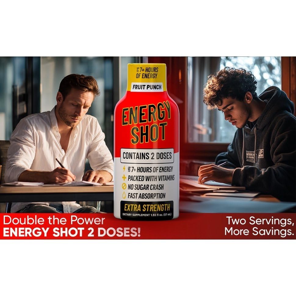 Fruit Punch Extra Strength Energy Shot 48 pk – 260mg Natural Caffeine B12 B6 – Energy & Focus Support – 2 Servings Sugar Free Zero Calorie Green Tea B-Vitamins Electrolytes Vegan – 1.93 fl oz