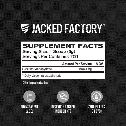 Jacked Factory Creatine Monohydrate Powder 1000g - 5g Daily Creatine Supplement for Men and Women, Vegan-Friendly, Third-Party Tested - 200 Servings, Unflavored