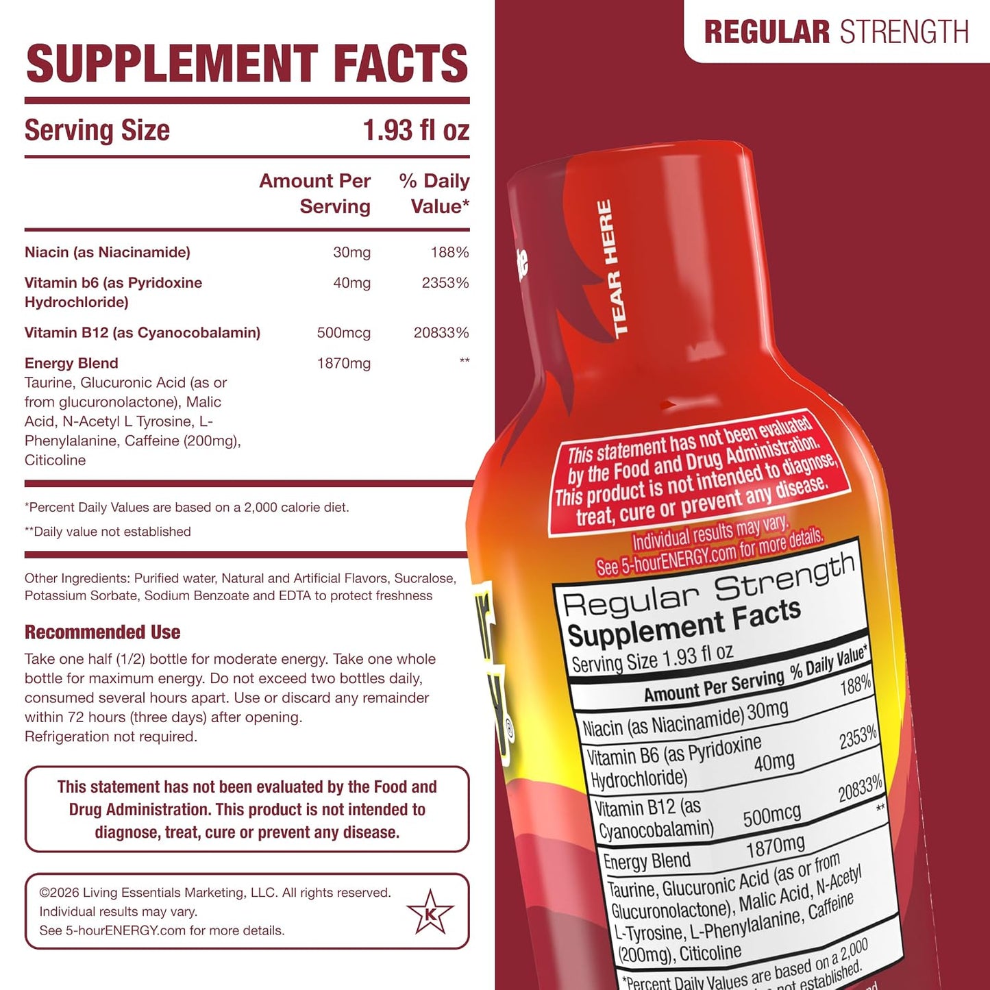 5-hour ENERGY POMEGRANATE Flavor, 20 Count, 1.93 Fl Oz Energy Shot, Regular Strength, Amino Acids, B Vitamins, Sugar Free and Zero Calories