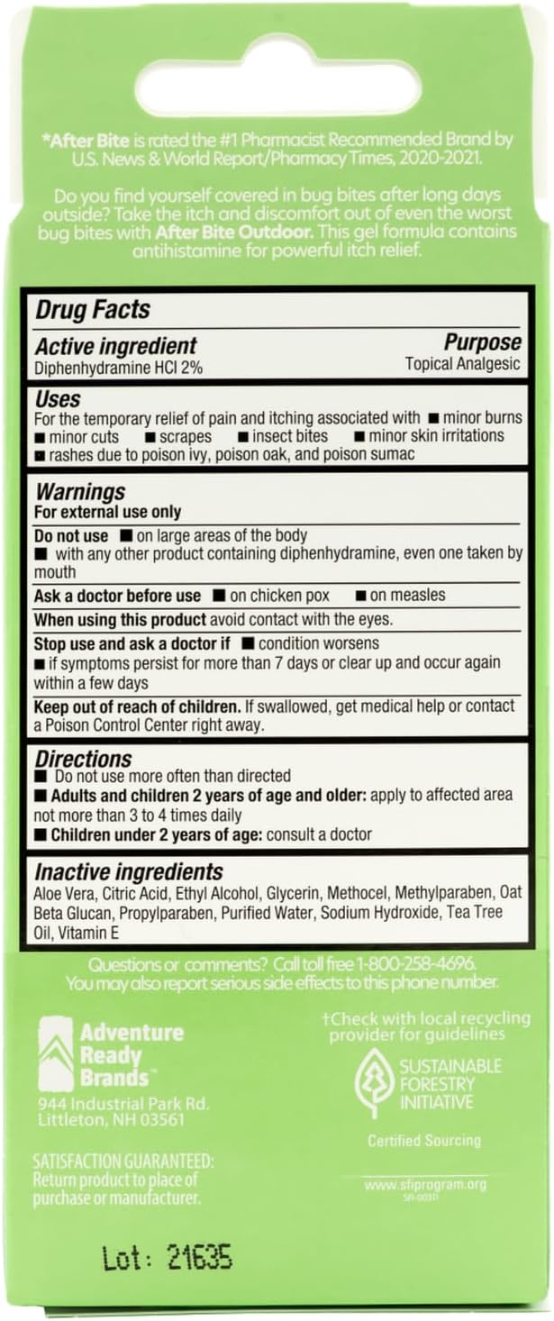 After Bite Outdoor Formula - Itch Relief with Diphenhydramine HCl - Ideal for Mosquito & Fire Ant Bites, Bees & More - Portable Gel Formula - 0.7 oz (4 Pack)