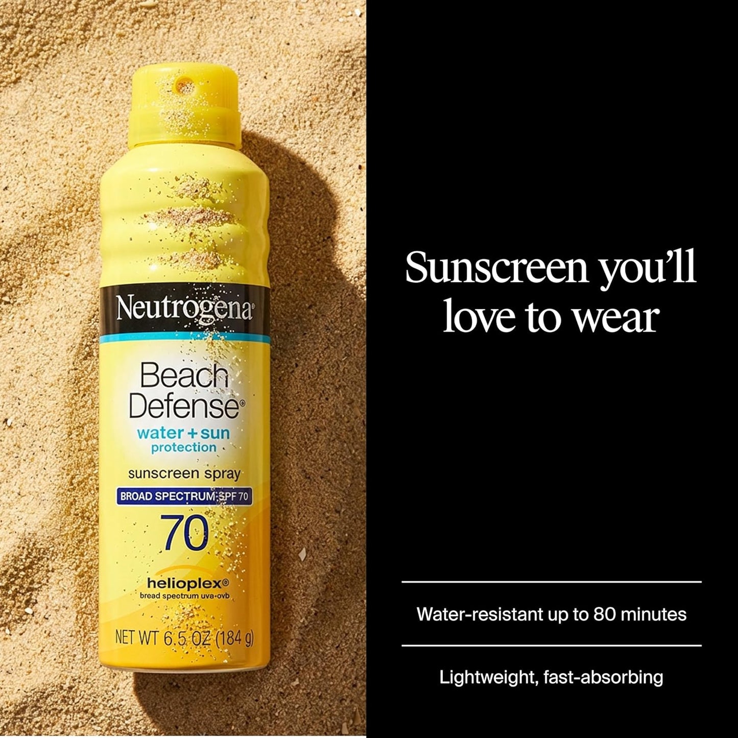 Neutrogena Beach Defense Sunscreen Spray SPF 70 Broad Spectrum UVA UVB Protection Lightweight Water Resistant up to 80 Minutes Beach-Strength Sun Protection for Whole Family, 6.5 oz