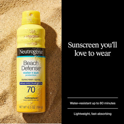 Neutrogena Beach Defense Sunscreen Spray SPF 70 Broad Spectrum UVA UVB Protection Lightweight Water Resistant up to 80 Minutes Beach-Strength Sun Protection for Whole Family, 6.5 oz