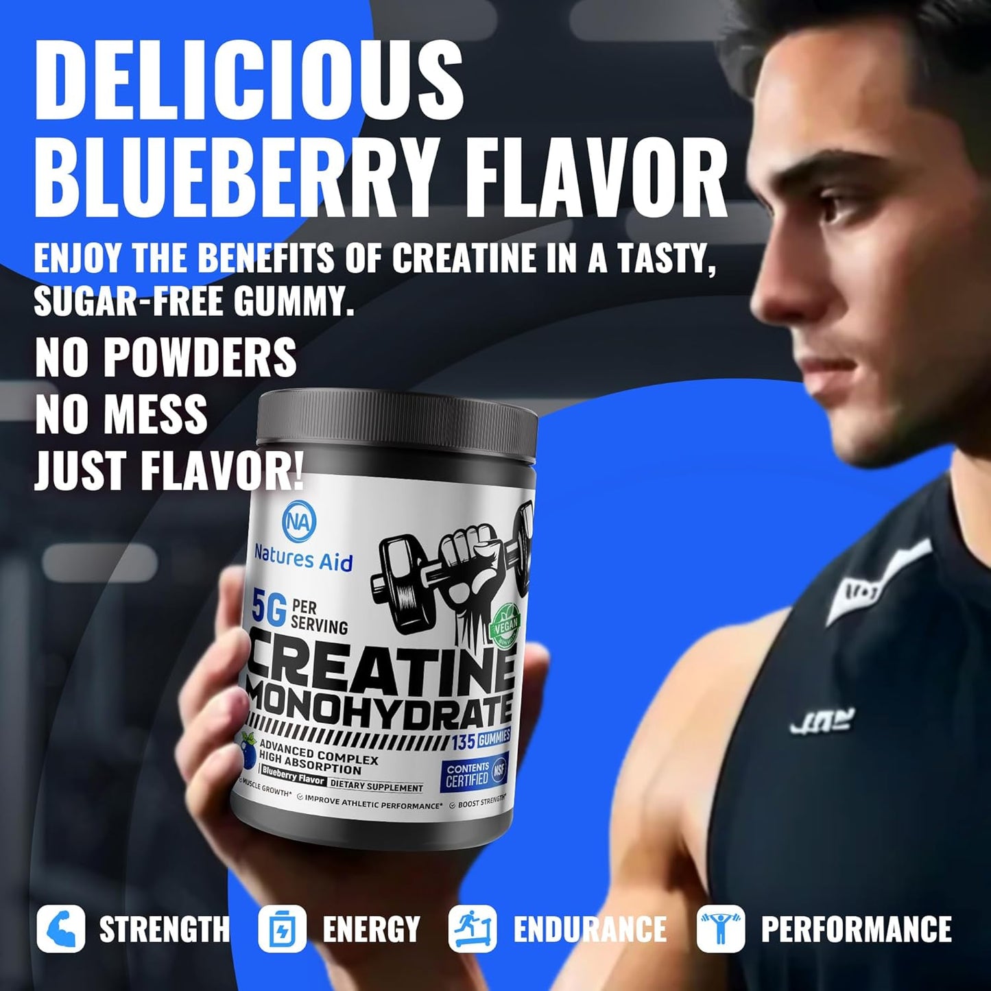 Natures Aid NSF Certified Creatine Gummy 5g - Creatine Monohydrate Gummies – Pre-Workout Energy & Muscle Growth Support for Men & Women | Blueberry Electrolyte Gummies (135 Count)
