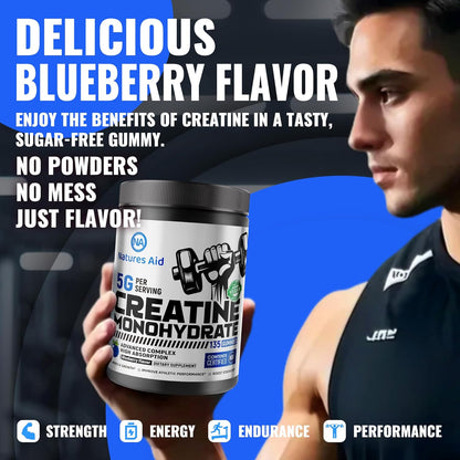 Natures Aid NSF Certified Creatine Gummy 5g - Creatine Monohydrate Gummies – Pre-Workout Energy & Muscle Growth Support for Men & Women | Blueberry Electrolyte Gummies (135 Count)
