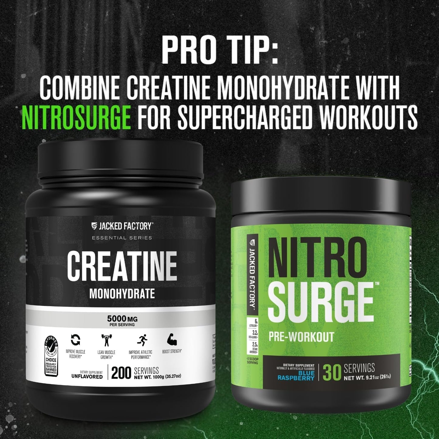 Jacked Factory Creatine Monohydrate Powder 1000g - 5g Daily Creatine Supplement for Men and Women, Vegan-Friendly, Third-Party Tested - 200 Servings, Unflavored