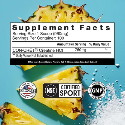 CON-CRET Creatine HCl Powder | Muscle, Cognitive, Cellular Energy Support | No Bloating or Cramps | USA Made & NSF Certified | Pineapple (100 Serving)