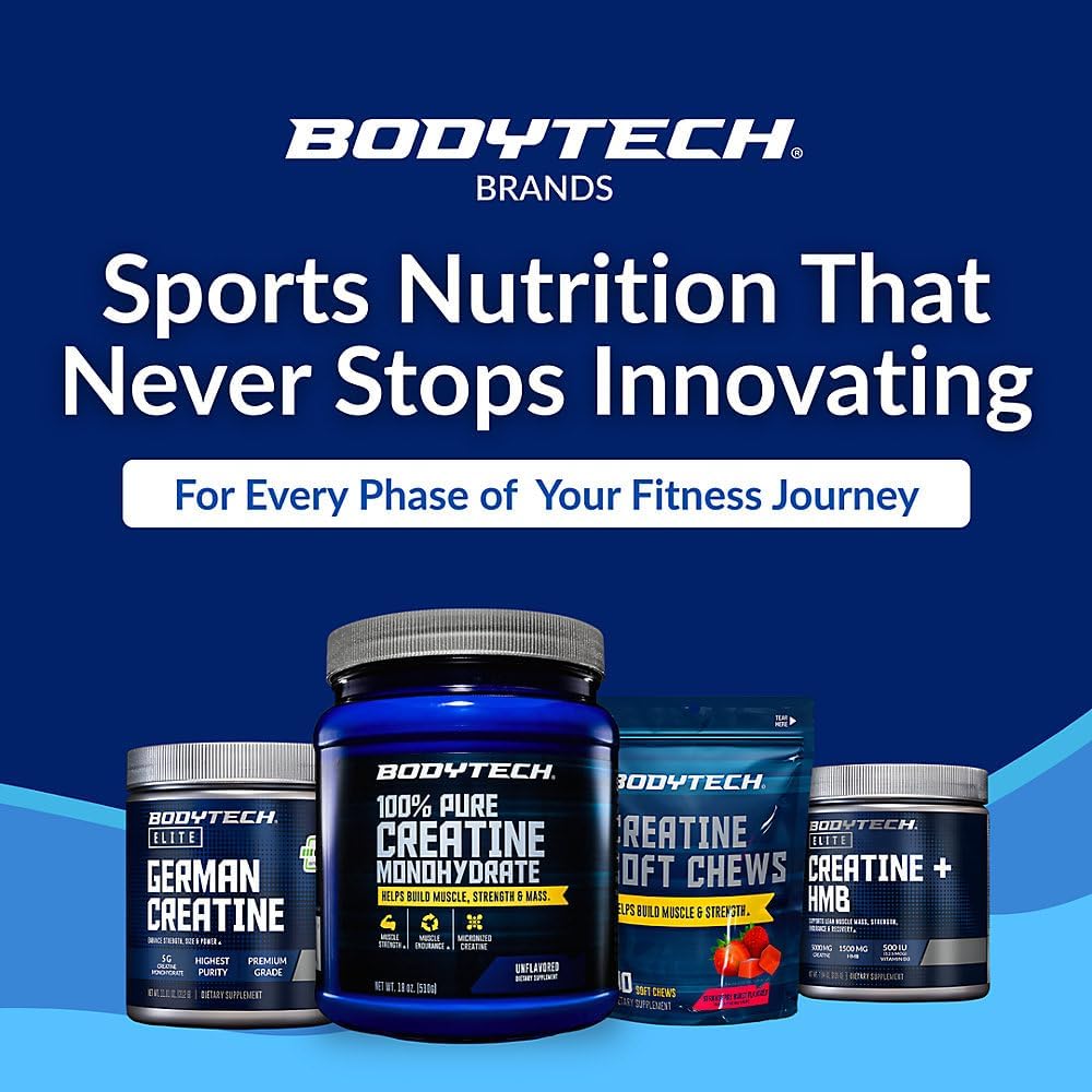 BodyTech Creatine Monohydrate Powder, Unflavored Micronized Creatine Formula for Men and Women, 5g per Serving, Pre Workout & Post Workout Supplement, Gluten Free, Sugar Free, 18 Oz, 102 Servings