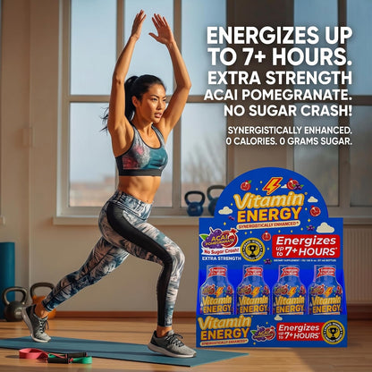 Vitamin Energy Acai Pomegranate Extra Strength Energy Shot, 48 Pack - Up to 7 Hrs, 260mg Natural Caffeine, Zero Sugar - B12 11,000% DV + B6 2,118% DV + Taurine 1,500mg, 1.93 fl oz, Keto Vegan