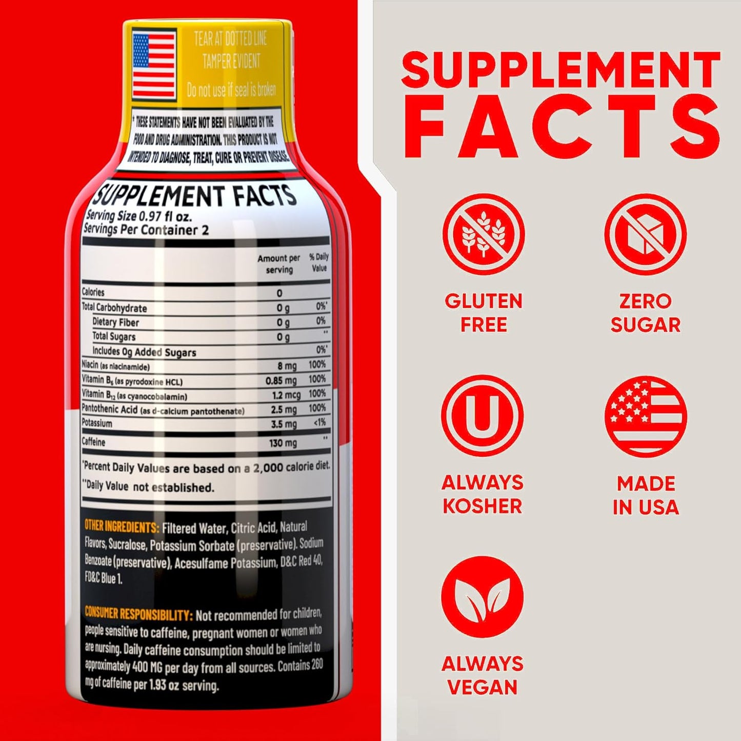 Fruit Punch Extra Strength Energy Shot 48 pk – 260mg Natural Caffeine B12 B6 – Energy & Focus Support – 2 Servings Sugar Free Zero Calorie Green Tea B-Vitamins Electrolytes Vegan – 1.93 fl oz