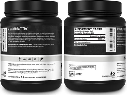 Jacked Factory Creatine Monohydrate Powder 1000g - 5g Daily Creatine Supplement for Men and Women, Vegan-Friendly, Third-Party Tested - 200 Servings, Unflavored