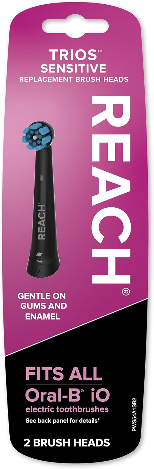 Reach Sensitive Replacement Toothbrush Heads, Black, 2 Ct, Fits All Oral-B iO Electric Toothbrushes, Gentle Triple-Action Ultra-Soft Bristles to Polish Away Stains, Remove Plaque, Care for Gums