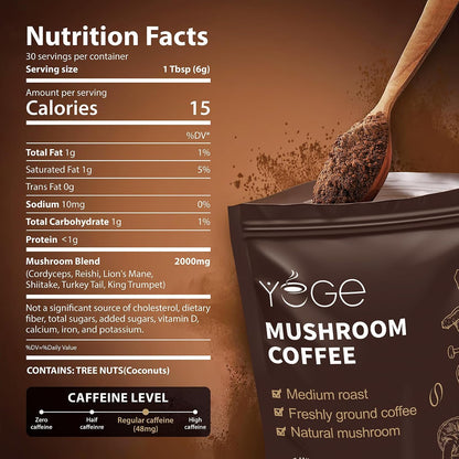Mushroom Coffee, Instant Mushroom Coffee with Cordyceps, Reishi, King Trumpet, Shiitake, Turkey Tail, Lions Mane for Energy, Focus, Positive Mood & Immune Support (30 Servings)