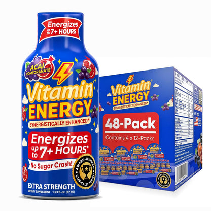 Vitamin Energy Acai Pomegranate Extra Strength Energy Shot, 48 Pack - Up to 7 Hrs, 260mg Natural Caffeine, Zero Sugar - B12 11,000% DV + B6 2,118% DV + Taurine 1,500mg, 1.93 fl oz, Keto Vegan