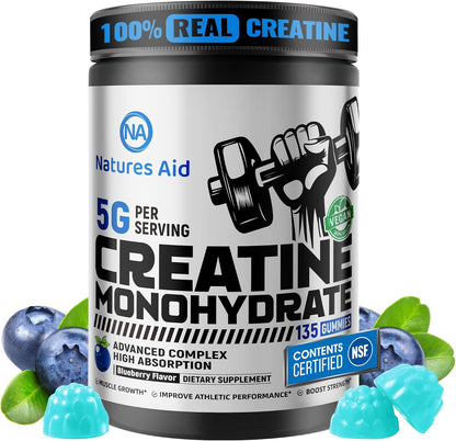 Natures Aid NSF Certified Creatine Gummy 5g - Creatine Monohydrate Gummies – Pre-Workout Energy & Muscle Growth Support for Men & Women | Blueberry Electrolyte Gummies (135 Count)