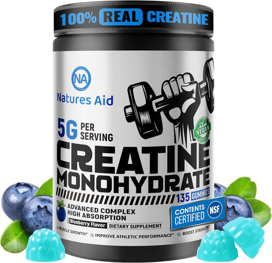 Natures Aid NSF Certified Creatine Gummy 5g - Creatine Monohydrate Gummies – Pre-Workout Energy & Muscle Growth Support for Men & Women | Blueberry Electrolyte Gummies (135 Count)