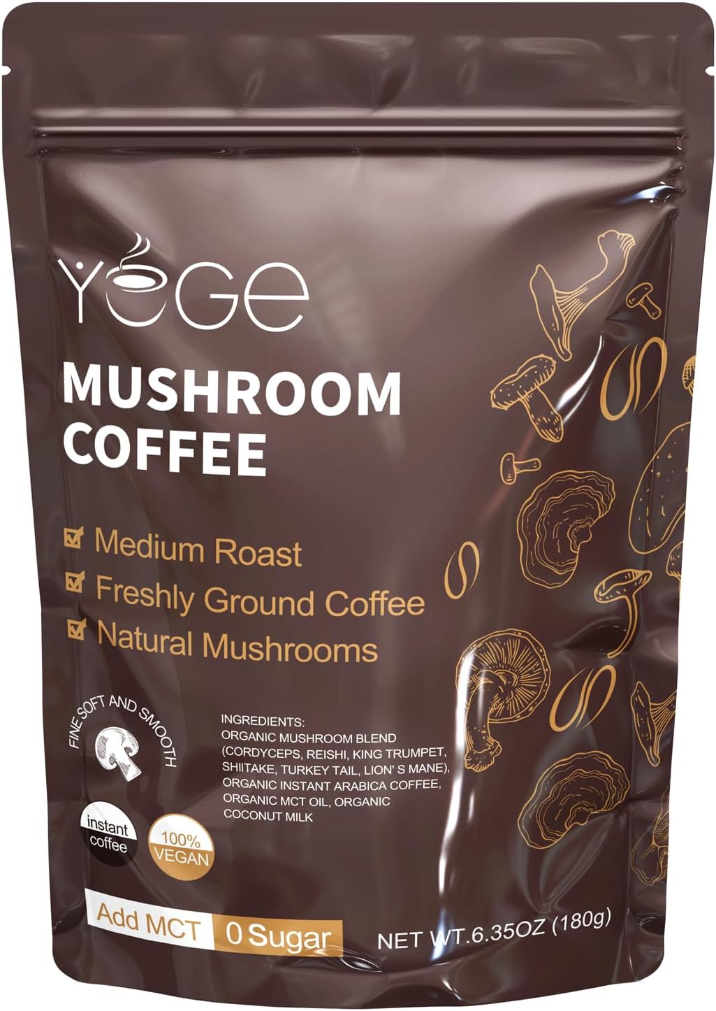 Mushroom Coffee, Instant Mushroom Coffee with Cordyceps, Reishi, King Trumpet, Shiitake, Turkey Tail, Lions Mane for Energy, Focus, Positive Mood & Immune Support (30 Servings)