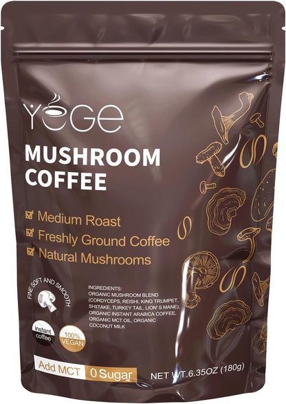 Mushroom Coffee, Instant Mushroom Coffee with Cordyceps, Reishi, King Trumpet, Shiitake, Turkey Tail, Lions Mane for Energy, Focus, Positive Mood & Immune Support (30 Servings)