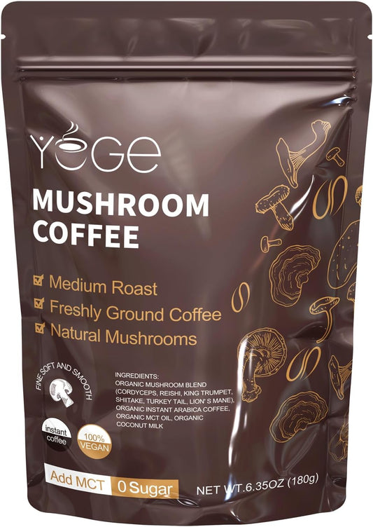 Mushroom Coffee, Instant Mushroom Coffee with Cordyceps, Reishi, King Trumpet, Shiitake, Turkey Tail, Lions Mane for Energy, Focus, Positive Mood & Immune Support (30 Servings)