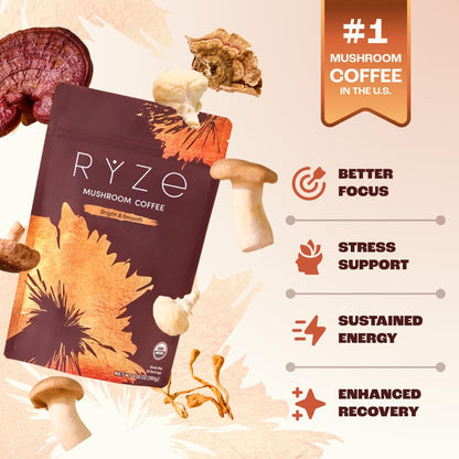 RYZE SUPERFOODS Mushroom Medium Roast Coffee USDA Organic with 6 Adaptogenic Mushrooms for Better Energy, Focus Digestion Immunity with Lions Mane & Turkey Tail 30 Pack of 1