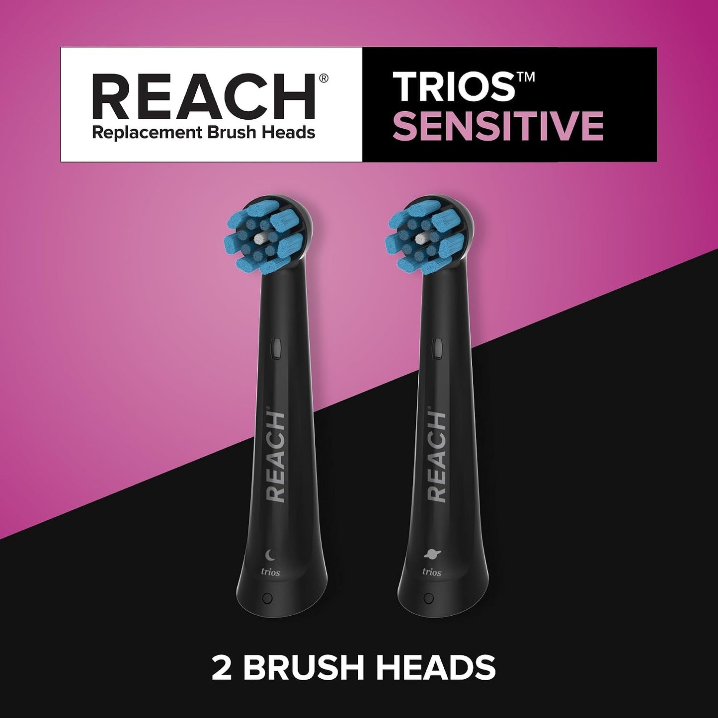 Reach Sensitive Replacement Toothbrush Heads, Black, 2 Ct, Fits All Oral-B iO Electric Toothbrushes, Gentle Triple-Action Ultra-Soft Bristles to Polish Away Stains, Remove Plaque, Care for Gums