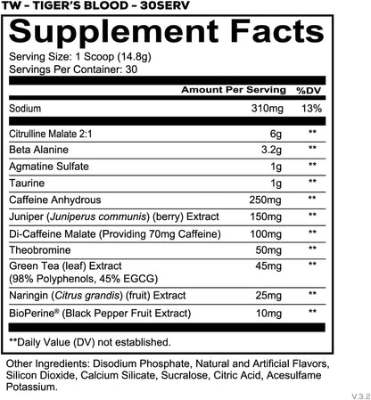 REDCON1 Total War Pre Workout Powder | Tiger's Blood | 320mg Caffeine + Citrulline Malate + Beta Alanine (30 Servings)